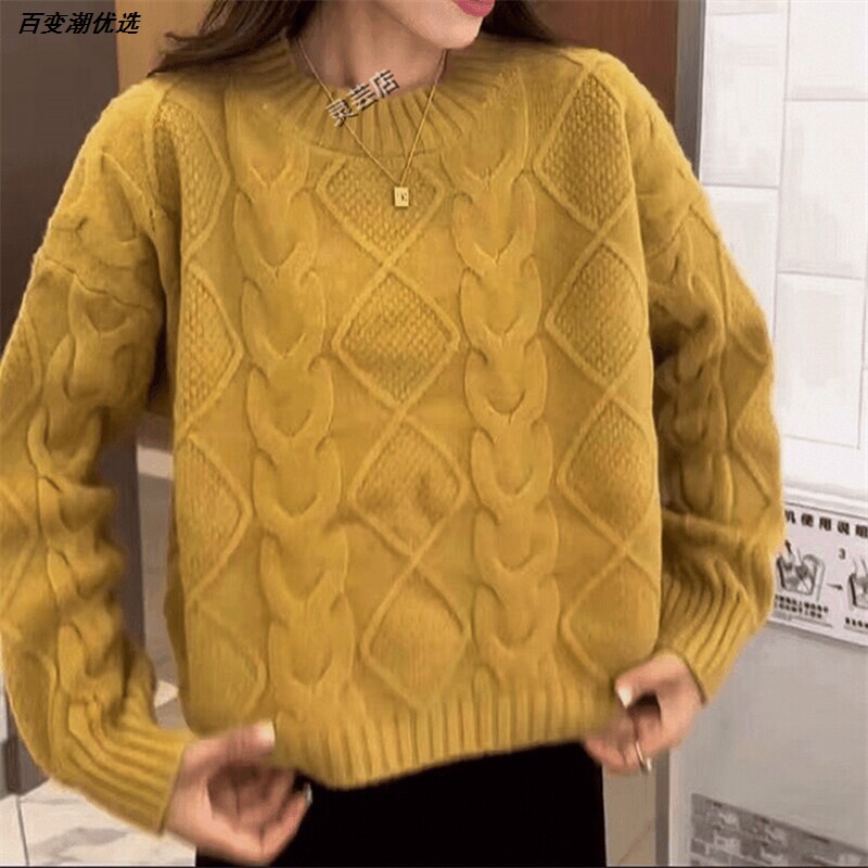 春秋显瘦女麻花外穿宽松百搭配裙子套头针织衫高腰上衣毛衣小个子