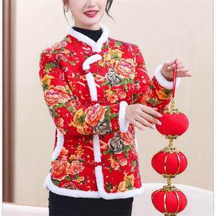 中老年女秋冬旗袍小棉衣中国风短款薄款复古棉服妈妈唐装花色棉袄