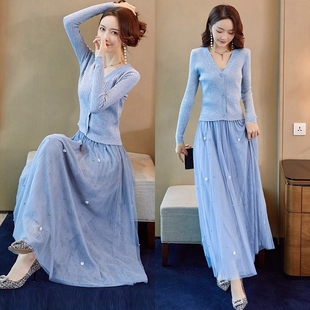 针织开衫2025年春秋套装女士新款气质时尚吊带网纱裙三件套装裙女