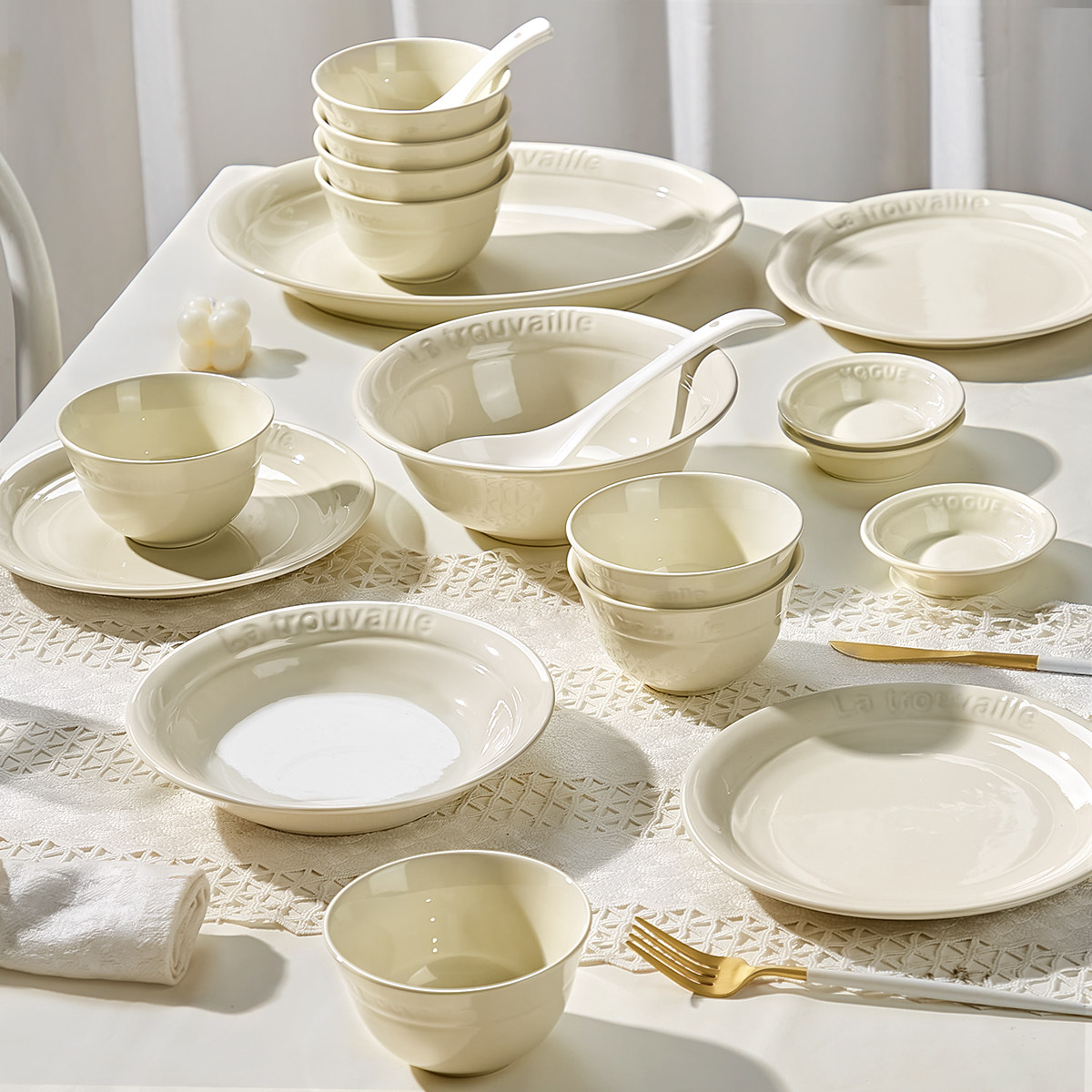 法式松露白碗碟套装家用2023新款碗盘筷子简约餐具高级感乔迁碗具