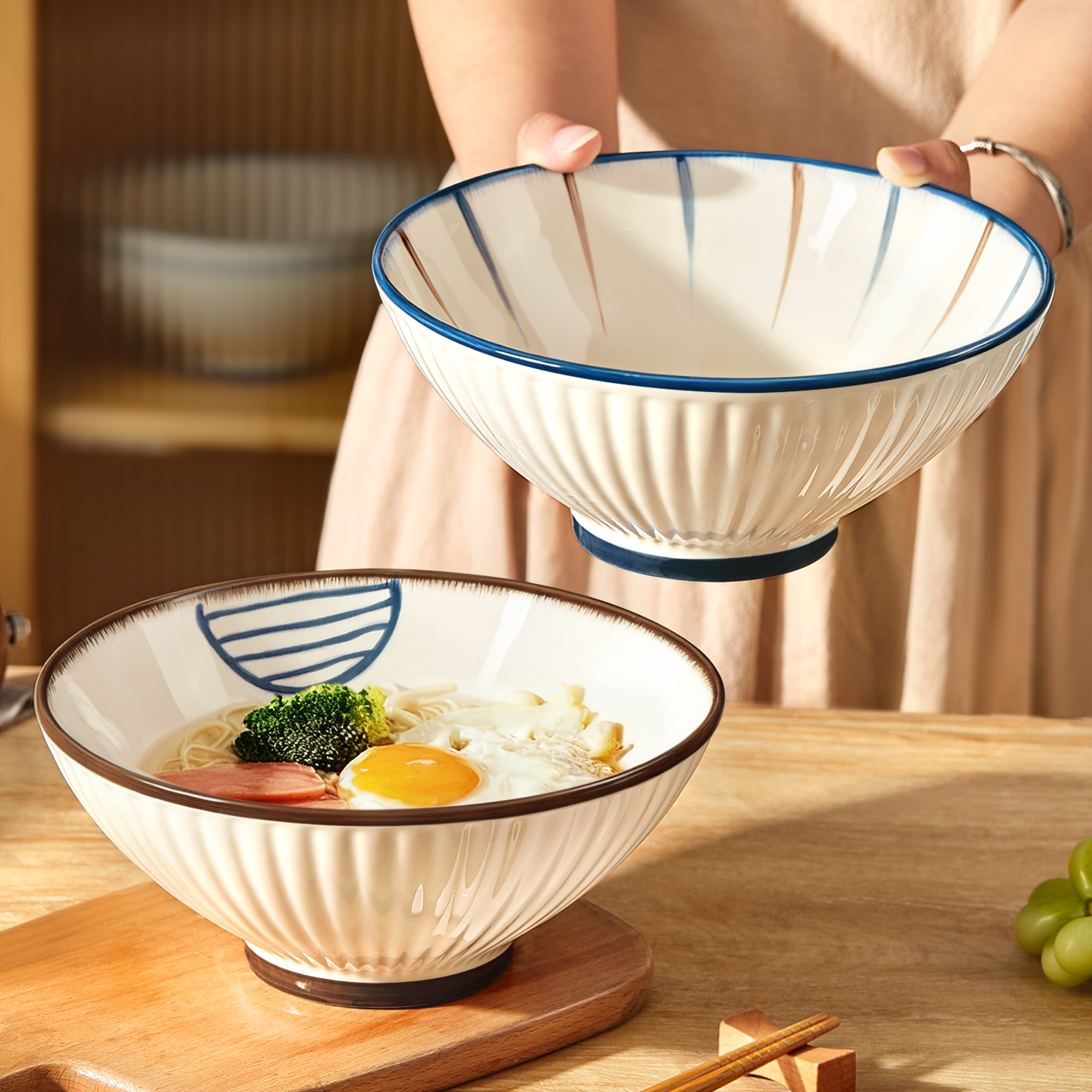 日式陶瓷斗笠拉面碗家用釉下彩