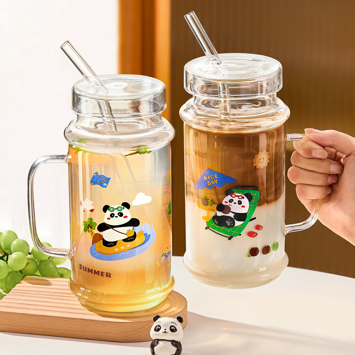 可爱大容量高硼硅玻璃杯女高颜值杯子耐高温带盖子果汁咖啡吸管水