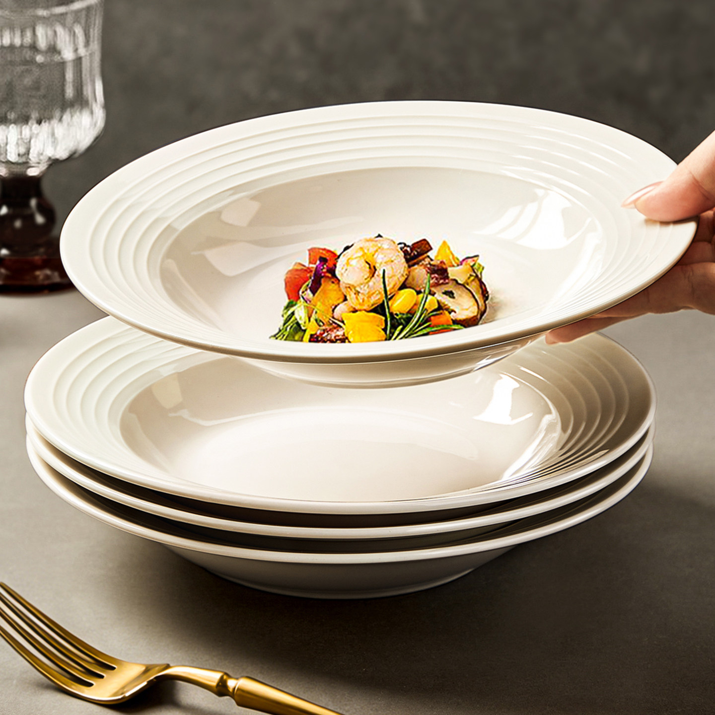 白色草帽盘深盘意面餐具盘子家用菜盘高级感轻奢陶瓷沙拉西餐餐盘,餐饮具,盘,淘宝优惠券,粉丝福利购,淘宝优惠卷