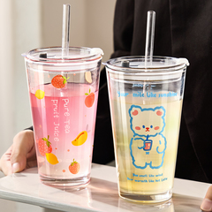 玻璃吸管杯女生高颜值水杯夏天家用奶茶杯带盖果汁咖啡杯外带成人