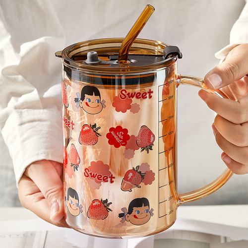 墨色卡通吸管玻璃水杯-琥珀色