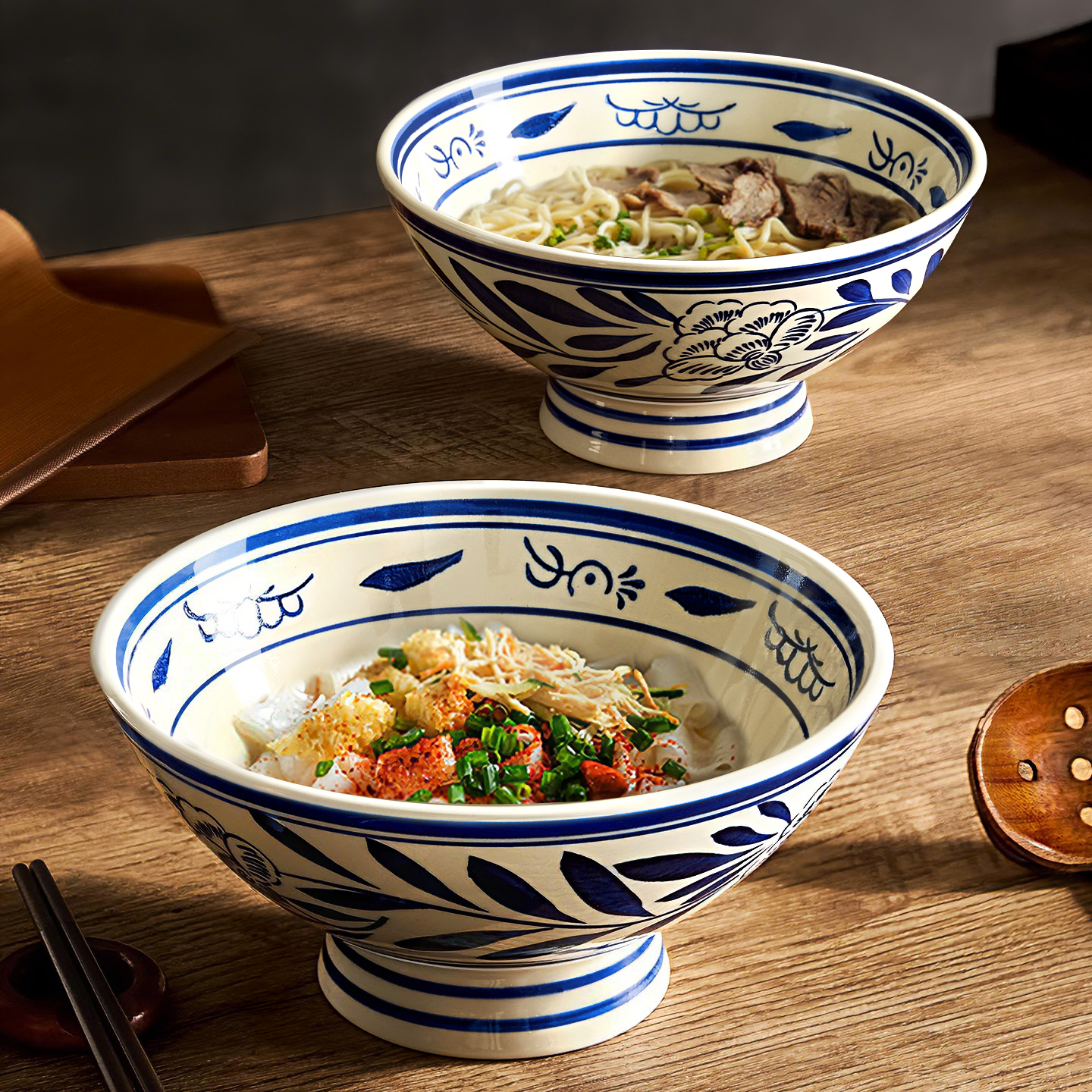中式青花斗笠拉面碗釉下彩吃面碗