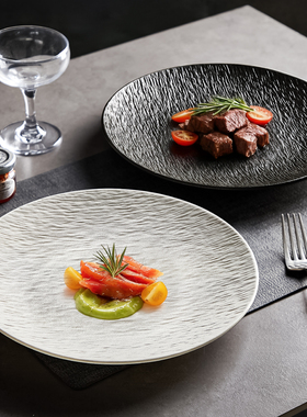 黑色陶瓷牛排餐盘刀叉套装专用西餐盘高级感家用早餐盘子酒店餐具