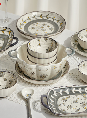 墨色曼陀罗华陶瓷米饭碗家用餐具套装2026新款高级感盘子双耳汤碗