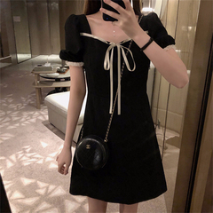 Official figure real price fiber bubble sleeve black square collar dress shows thin temperament small black skirt