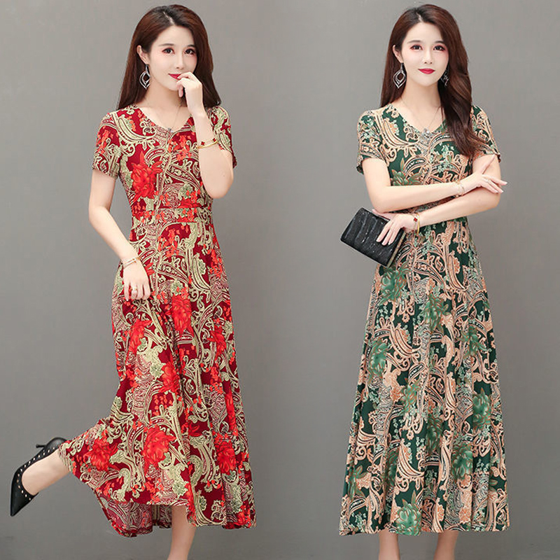 Summer new lady's ice silk short sleeve Printed Dress mother's dress loose and fashionable long skirt
