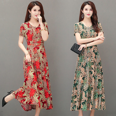 Summer new lady's ice silk short sleeve Printed Dress mother's dress loose and fashionable long skirt
