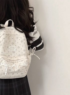 ins秋冬复古双肩包女 休闲少女印花灯芯绒学生书包百搭旅行背包