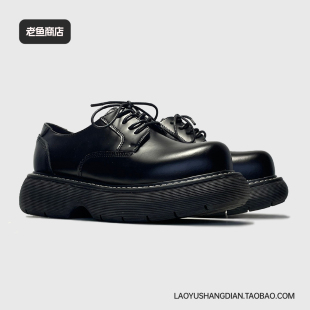 老鱼商店(跟高约5CM)大头鞋男女同款厚底增高情侣鞋ins潮小众皮鞋