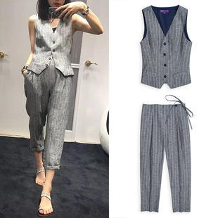 哈伦裤 条纹马甲分体八分裤 裤 子显瘦薄款 女 2026夏季 两件套套装 新款