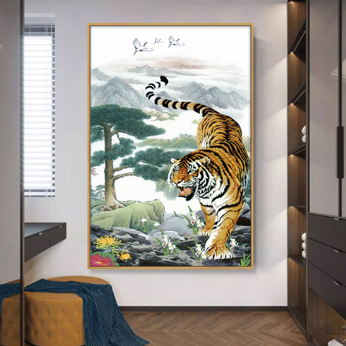 新中式玄关装饰画下山虎挂画