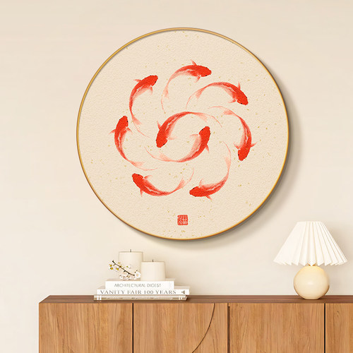 九鱼聚财圆形餐厅装饰画