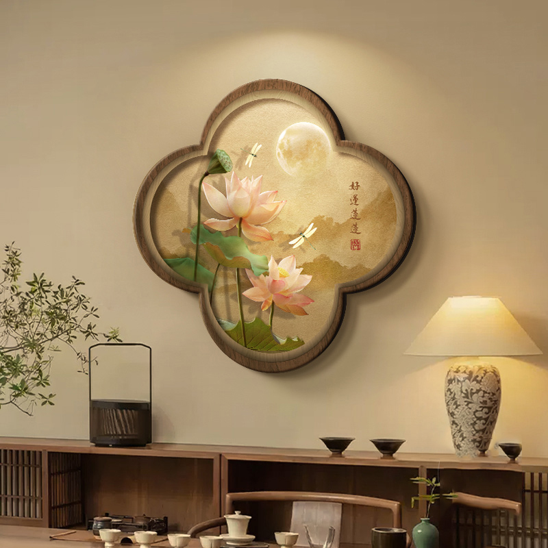 新中式入户玄关装饰画高级感荷花走廊过道挂画禅意茶室背景墙壁画图片