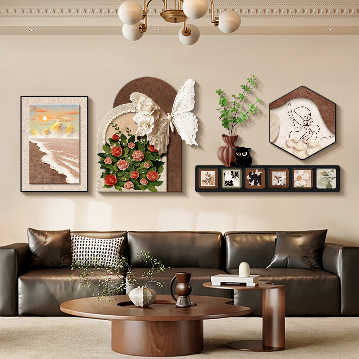 法式奶油风客厅装饰画新款组合餐厅壁画中古风沙发背景墙挂画蝴蝶