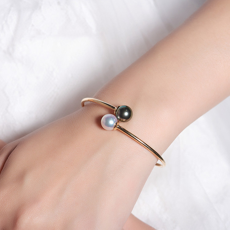 天然海水akoya珍珠大溪地黑珍珠款手镯18K金女款可调节开口手镯特
