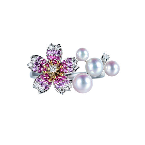 现货樱花戒指彩凛珠akoya天然海水珍珠18k白金钻石戒指女粉红蓝宝