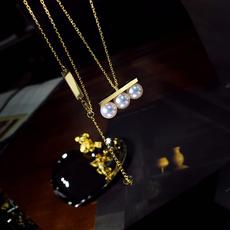 大牌同款平衡木珍珠项链18K金