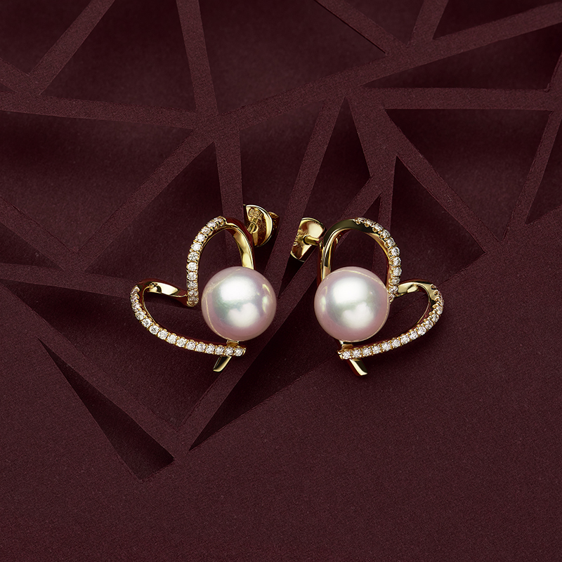 现货日本天然akoya海水珍珠耳钉天女18K黄金爱心镶钻石耳环女新款