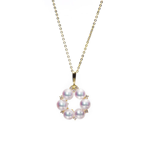 现货Akoya天然海水珍珠项链吊坠18K金韩版奢华小花环钻石吊坠六珠