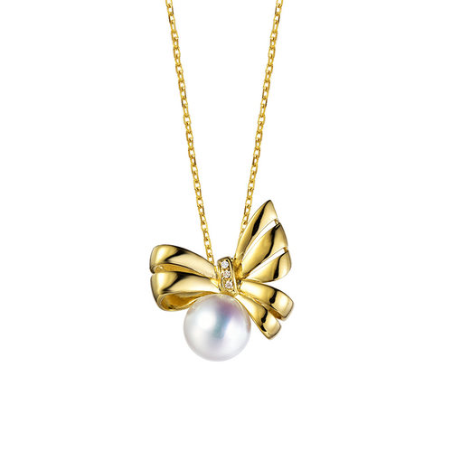 M家缎带之舞系列同款蝴蝶结吊坠18金天女珍珠项链锁骨18K珍珠项链