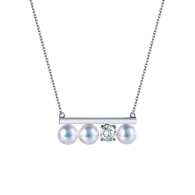 海氏18K金平衡木项链akoya海水珍珠吊坠三珠款钻石珍珠项链女现货