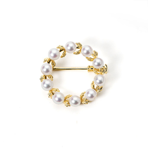 白举纲同款M家18K金Akoya海水珍珠胸针彩凛珠3.5-4mm橄榄枝圆胸针