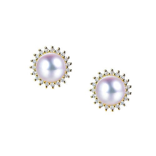 何超琼同款日本akoya天然海水天女珍珠耳钉18K黄金钻石太阳花耳环