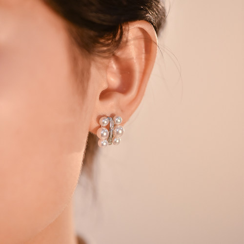 现货日本天然天女akoya海水珍珠耳环18K金镶钻石星光葡萄海珠耳钉