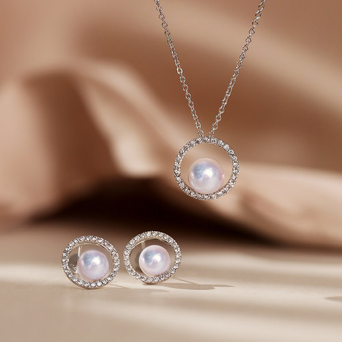 m家款Akoya海水珍珠项链耳钉套装袁泉小姨子同款钻石耳钉气质