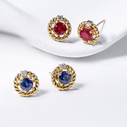 现货斯里兰卡蓝宝石耳钉皇家蓝天然鸽血红宝石耳环18K金钻石耳饰