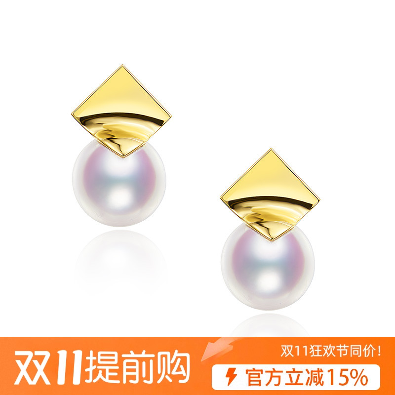 t家同款M/G系列耳钉18K黄金极光淡水珍珠方叶耳环气质耳钉耳环女