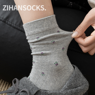 灰色碎花袜子女中筒袜春秋棉袜ins潮日系复古堆堆袜女生长筒长袜