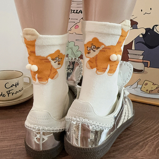 白色猫咪蛋蛋袜子女中筒袜纯棉夏薄款 新款 ins潮可爱趣味搞怪长袜