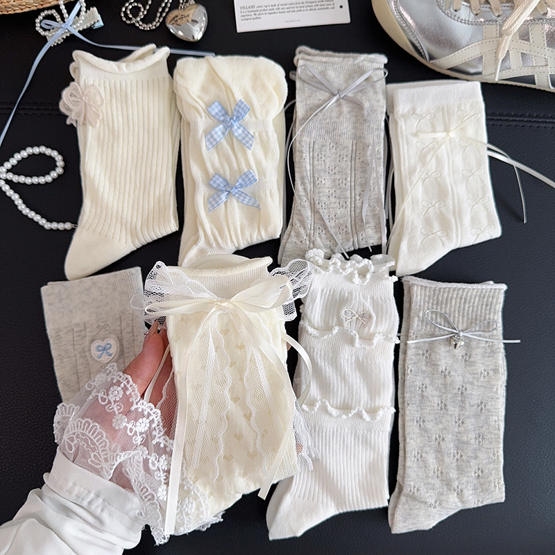 白色花边蝴蝶结袜子女中筒袜夏季薄款纯棉长袜日系jk芭蕾风堆堆袜
