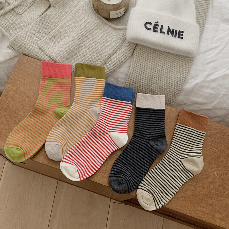 条纹袜子女中筒袜纯棉