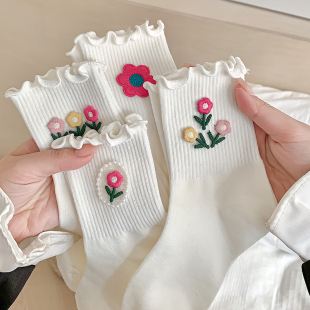 长袜 刺绣立体小花白色袜子女花边中筒袜春秋纯棉ins潮木耳边夏季