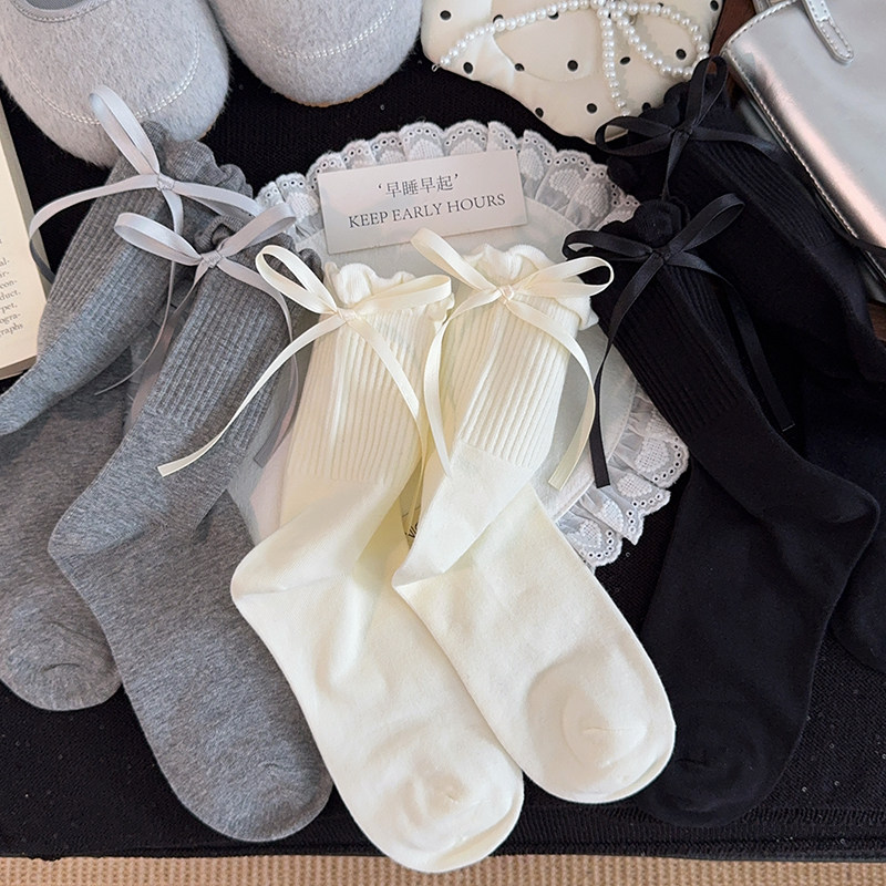 蝴蝶结袜子女中筒袜春秋棉袜花边可爱白色堆堆袜日系女生长筒长袜