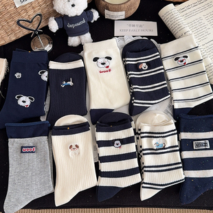 小狗刺绣可爱袜子女中筒袜ins潮春秋棉袜秋冬条纹学院风女生长袜