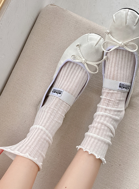 灰色木耳边堆堆袜女夏季薄款花边袜子中筒袜纯色芭蕾风长筒袜长袜