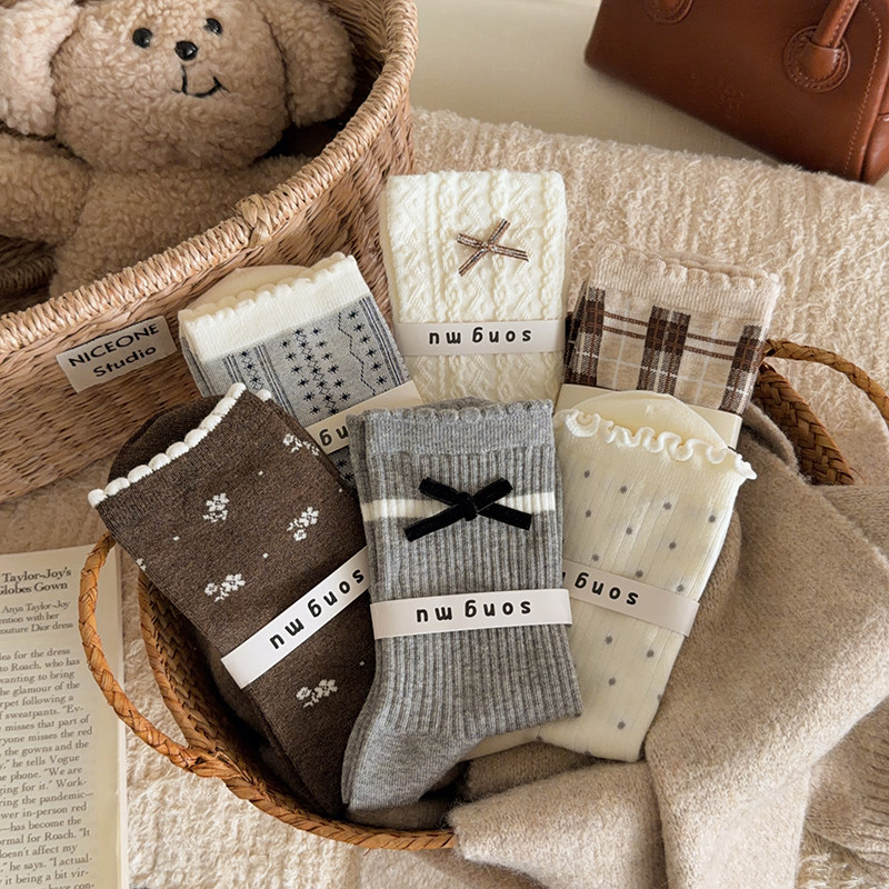 花边蝴蝶结袜子女中筒袜春秋棉袜复古日系秋冬女生木耳边长筒长袜,女士内衣/男士内衣/家居服,中筒袜,淘宝优惠券,粉丝福利购,淘宝优惠卷