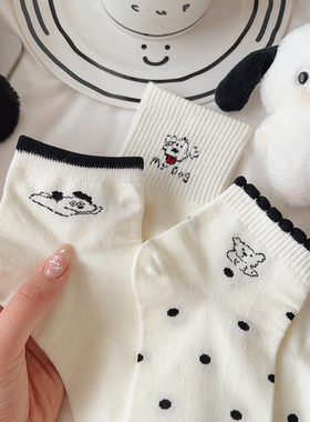 白色波点小狗袜子女短袜夏季薄款短筒纯棉ins潮可爱夏天低帮中筒