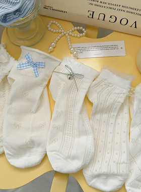 新款白色蝴蝶结袜子女短袜夏季薄款纯棉透气芭蕾风花边短筒袜船袜