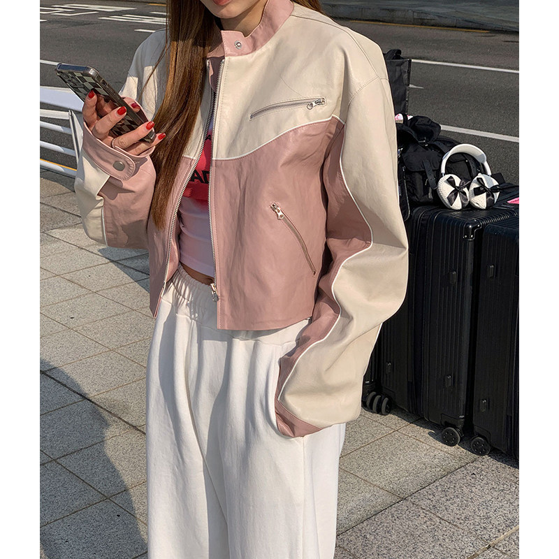 2025秋季新款甜美机车风女皮衣PU粉色皮衣拼接色短款女皮衣外套