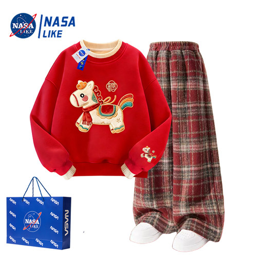 儿童新中式拜年服格子裤卫衣套装