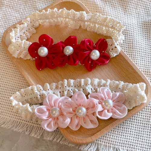 韩版烫钻花朵蕾丝婴幼儿发带 双拼花朵珍珠护脑门宝宝发饰头饰品