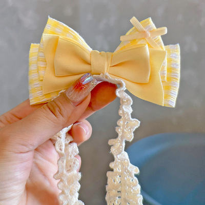 波比童话自创黄色格子蝴蝶结婴儿护囟门发带宝宝发饰立体可爱头饰